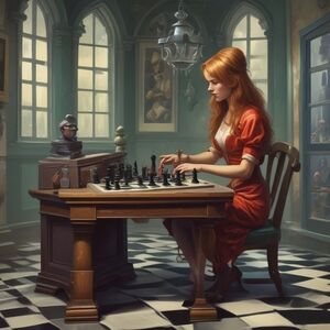 Elegant Chess Player Art Print in Red Dress